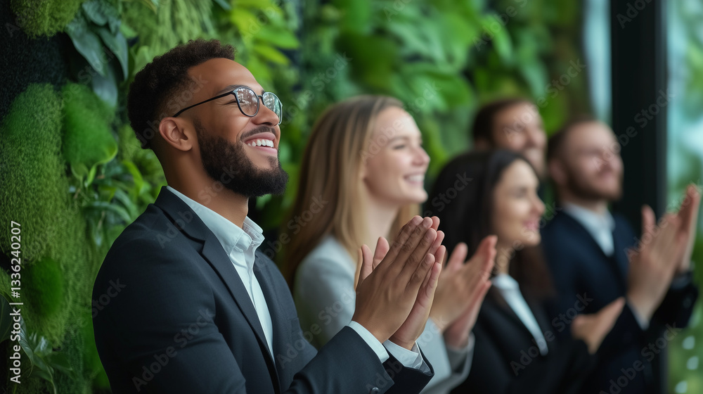 A diverse corporate team dressed in professional attire, gathered in front of a lush green wall, smiling and applauding as they celebrate the successful launch of an ESG fund. A diverse corporate team dressed in professional attire, gathered in front of a lush green wall, smiling and applauding as they celebrate the successful launch of an ESG fund.