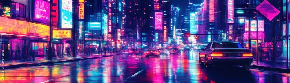 Fototapeta premium Neon lit urban city street scene featuring car and buildings