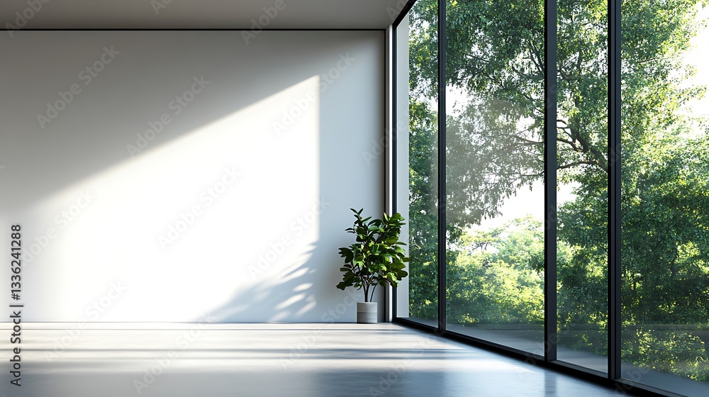 Fototapeta premium Blank white wall mockup in sunny modern empty gallery