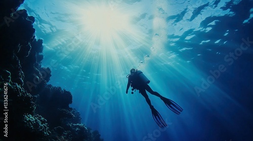 Wallpaper Mural A diver explores the deep ocean beneath radiant sunlight beams Torontodigital.ca