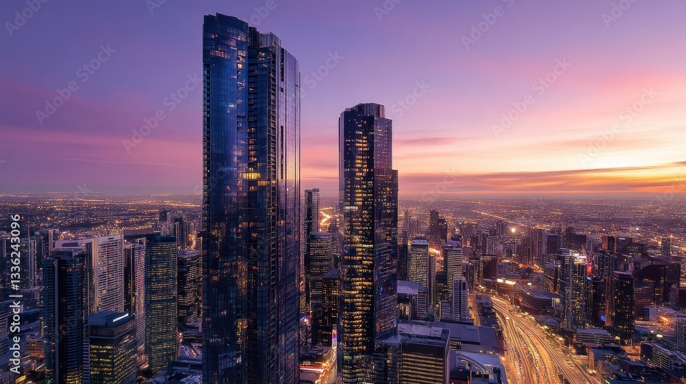 Obraz premium Melbourne's skyline during twilight with modern skyscrapers and light trails