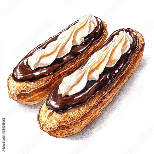 Fototapeta Naklejka Na Ścianę i Meble -  Delicious Chocolate Eclair with Cream on Vintage Style Background