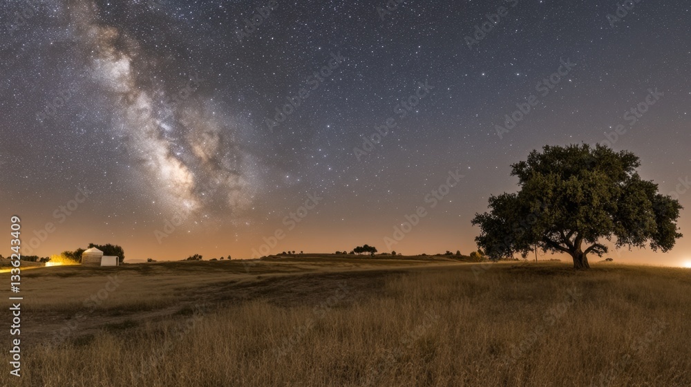 Fototapeta premium A vast open field under a starry sky, perfect for adventure camping and night photography.