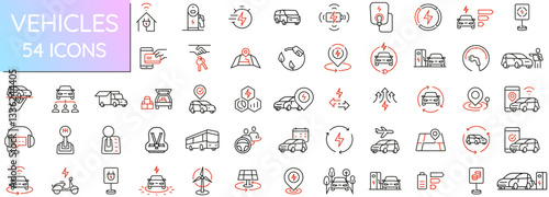 Vector Pack of Linear Icons Related to Electric Vehicle Charging infrastructure, Car Rental and Carsharing. Mono line pictograms and infographics design elements