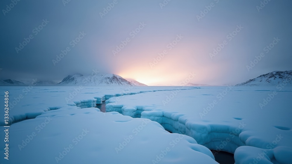 Fototapeta premium Icy polar desert at dusk, engulfed in a fierce blizzard. Towering ice formations blur in the snowstorm, creating an eerie and desolate spring landscape with an unforgiving atmosphere.