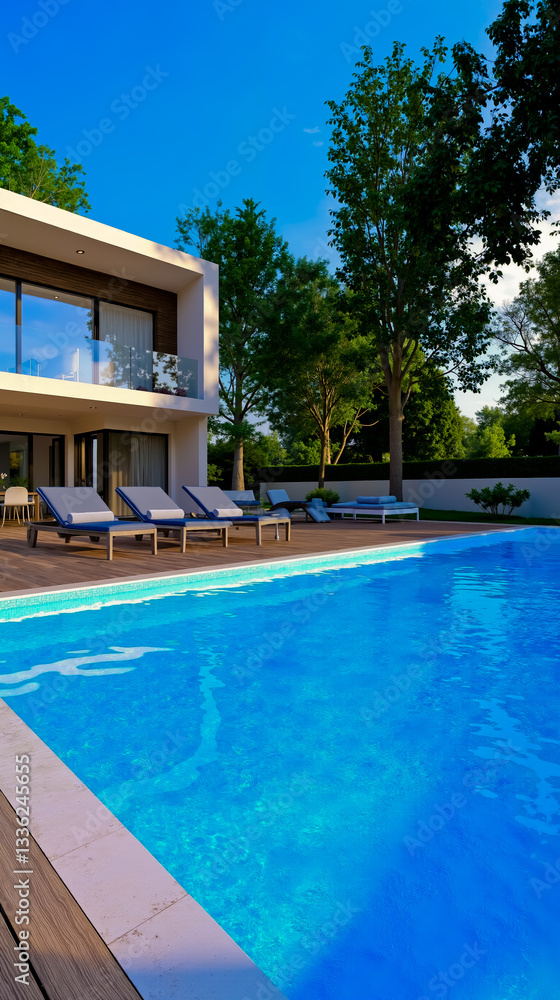 Fototapeta premium A large swimming pool with lounge chairs next to a house