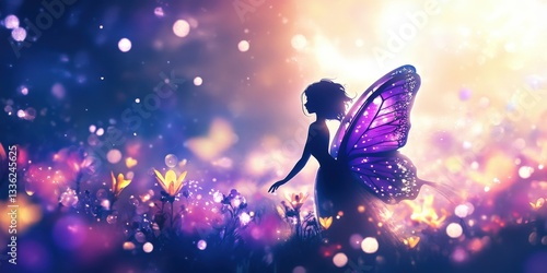 Fairy Silhouette on Meadow under Sunlight. Dreamlike scenery with purple butterfly wings on figure