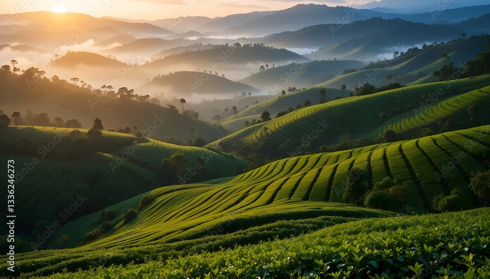 Fototapeta premium Tea Plantation in Misty Hills at Sunrise