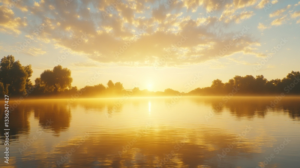 A serene sunrise reflects across a calm body of water A serene sunrise reflects across a calm body of water