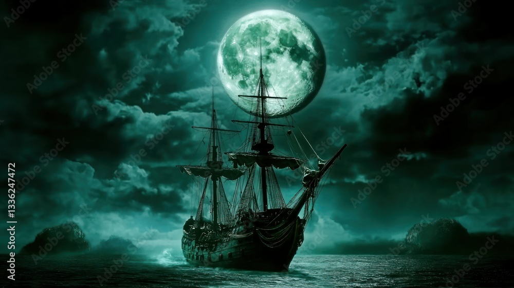Fototapeta premium A large sailing ship sails under a huge illuminated moon