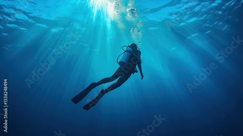 Wallpaper Mural A diver swims underwater with sunlight shining through ocean depths Torontodigital.ca