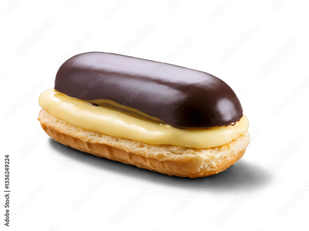 Exquisite ,clair filled with smooth vanilla cream and topped with shiny chocolate icing, a delectable pastry creation Exquisite ,clair filled with smooth vanilla cream and topped with shiny chocolate icing, a delectable pastry creation