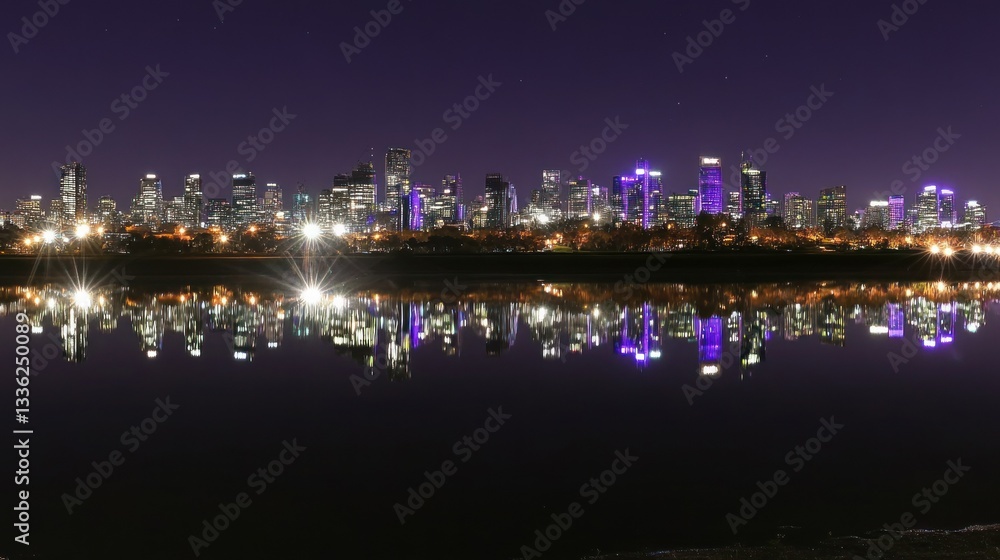 A cityscape with buildings and a body of water reflecting lights A cityscape with buildings and a body of water reflecting lights