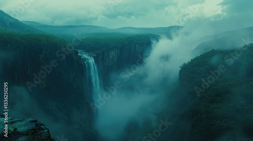 Waterfalls cascade dramatically down the tall cliffs surrounded by mist