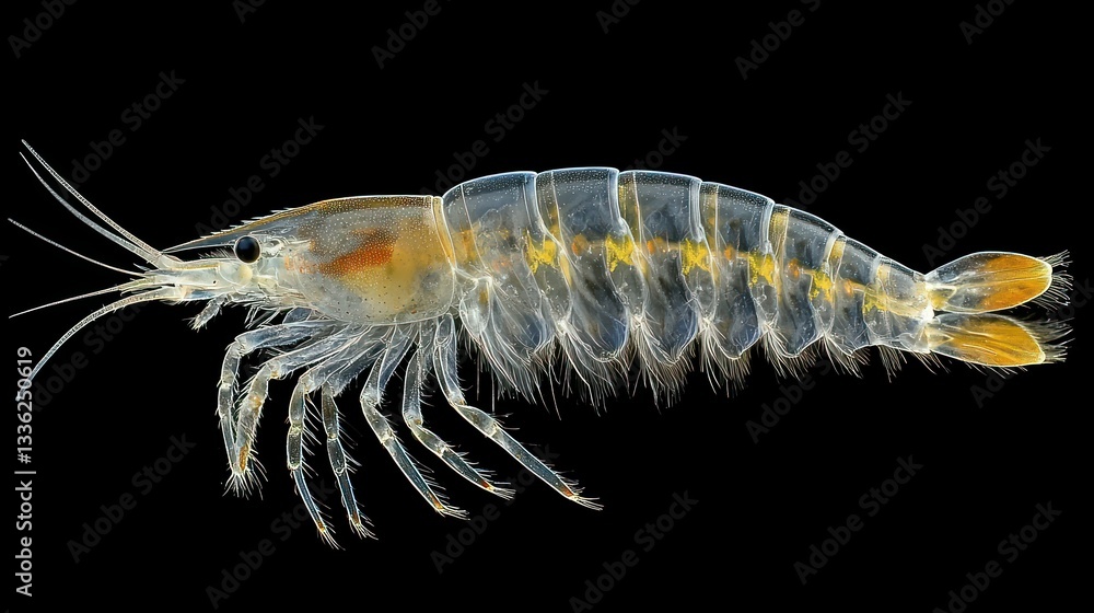 A translucent shrimp creature with visible internal structures and details A translucent shrimp creature with visible internal structures and details