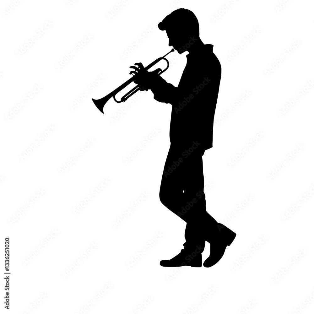 Naklejka premium Black silhouette of a guy plays the trumpet, vector, transparent background