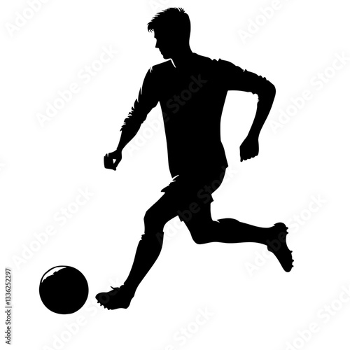 Black silhouette of Forward Soccer Player Dribbling Ball, vector, transparent background 