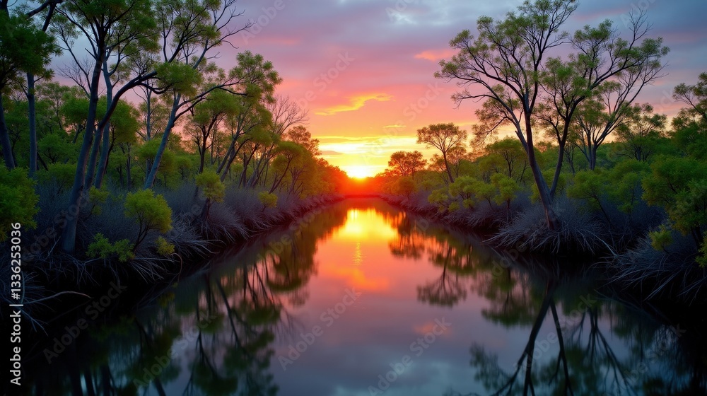 Obraz premium Professional photo of Mangrove forests. The atmosphere is sunset. The sky is blizzard, and the scene feels dramatic, season is spring