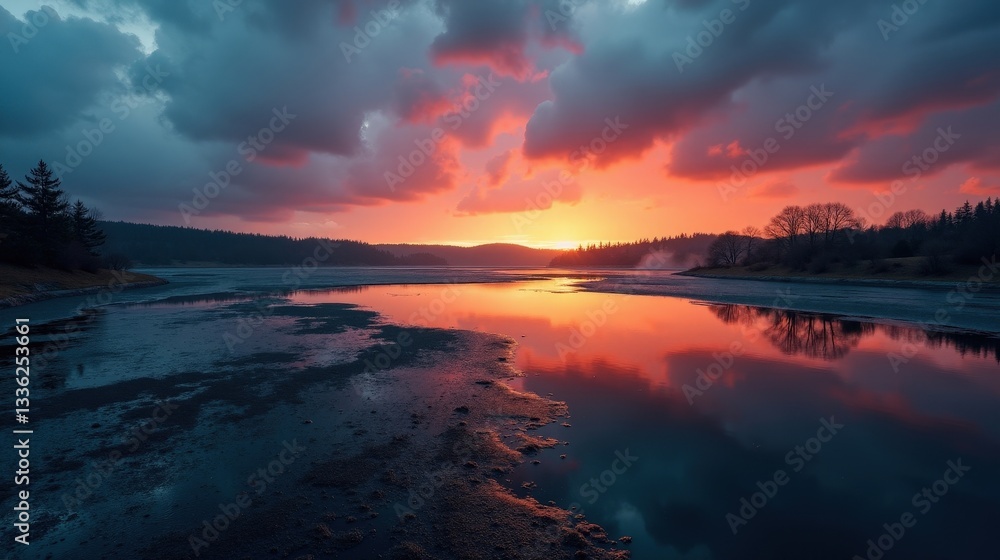 Fototapeta premium A haunting winter lagoon at sunset, dark waters reflecting a stormy sky, eerie silhouettes of trees in the distance. The atmosphere feels mysterious and foreboding.