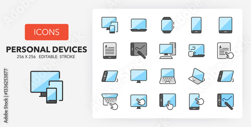 Line icons about personal devices. Contains such icons as smart watch, laptop, smartphone and more. 256x256 Pixel Perfect editable in two colors