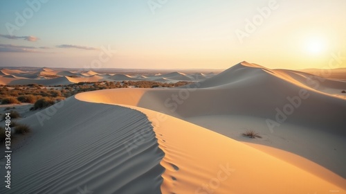 Fototapeta Naklejka Na Ścianę i Meble -  Golden sand dunes stretch across the landscape under a soft morning light. The sky is clear, creating a tranquil autumn atmosphere with delicate shadows and smooth dune curves.