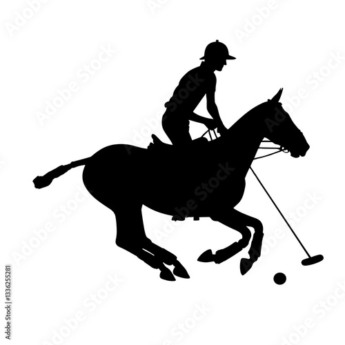 Black silhouette of a polo player on horseback playing polo, transparent background 