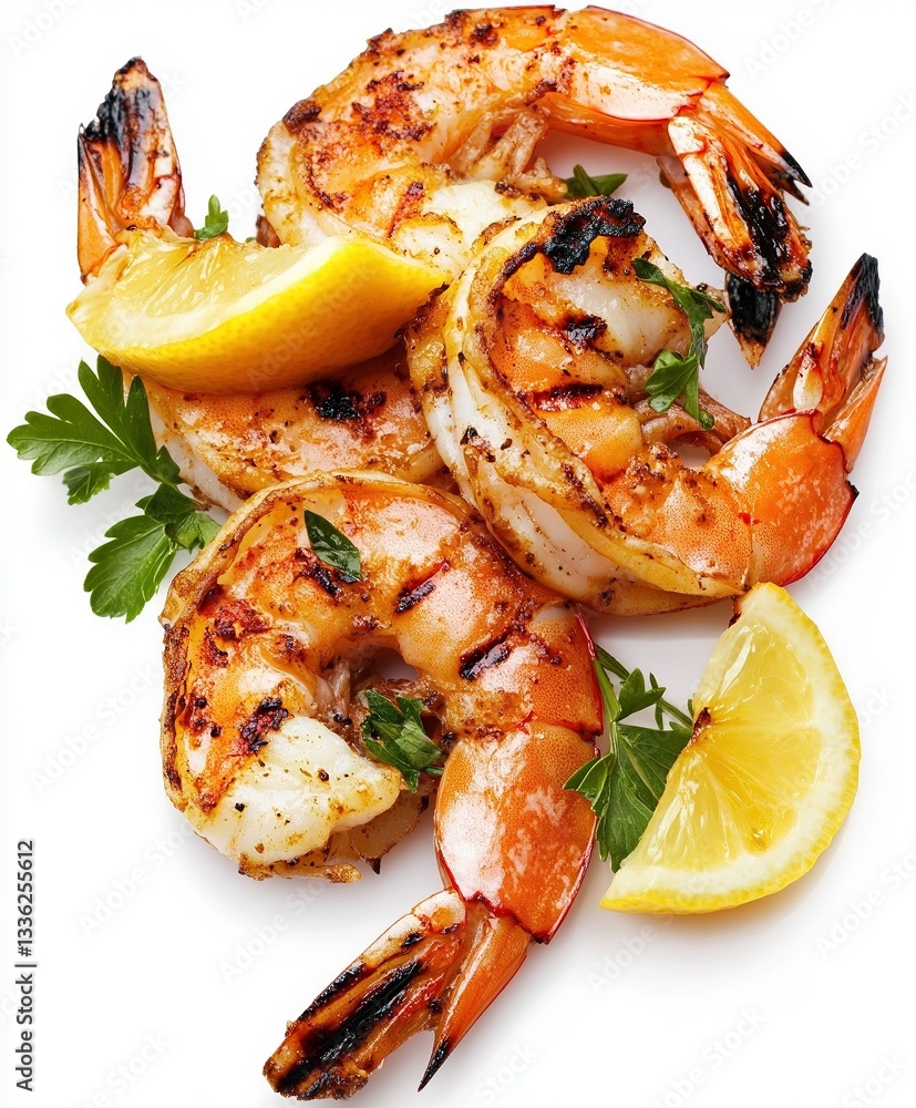 Grilled shrimp garnished with lemon and fresh herbs on a white background Grilled shrimp garnished with lemon and fresh herbs on a white background