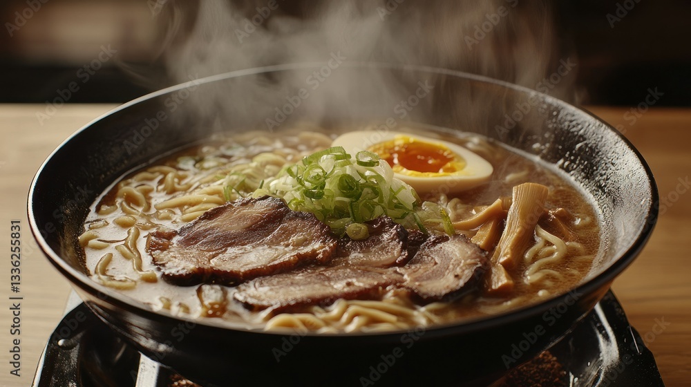A steaming bowl of delicious ramen noodles is presented here A steaming bowl of delicious ramen noodles is presented here