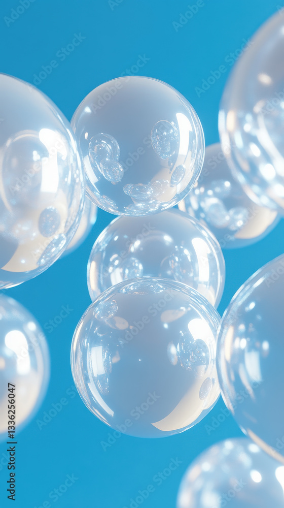 Translucent bubbles float against bright blue background, creating serene and whimsical atmosphere. light reflects off their surfaces, enhancing their clarity and beauty Translucent bubbles float against bright blue background, creating serene and whimsical atmosphere. light reflects off their surfaces, enhancing their clarity and beauty