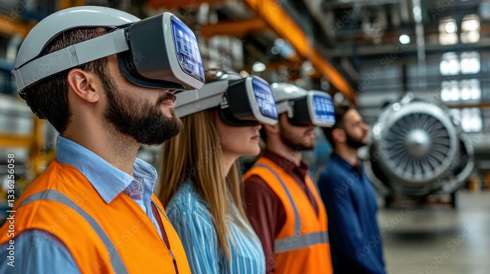 Obraz premium Workers wearing virtual reality headsets in an industrial environment