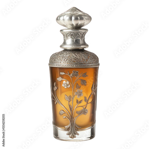 Wallpaper Mural A Victorian-style perfume vial with an etched glass body, silver cap, and a delicate floral motif  isolated on a white background. Torontodigital.ca