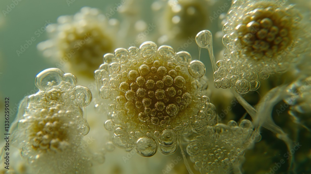 Clusters of small bubbles and organic material in close up Clusters of small bubbles and organic material in close up
