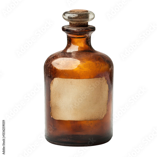 A vintage apothecary bottle with a glass stopper, aged paper label, and amber-tinted glass  isolated on a white background.