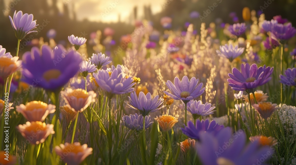 Fototapeta premium Vibrant Wildflower Meadow at Sunset with Colorful Petals and Greenery