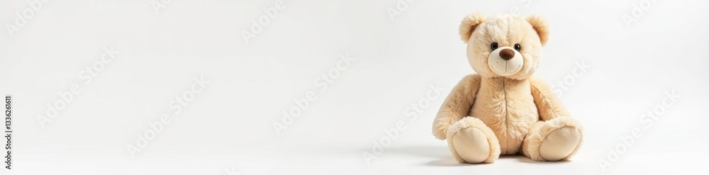 Fototapeta premium Fluffy brown teddy bear sitting alone on white background, innocence, soft, cute
