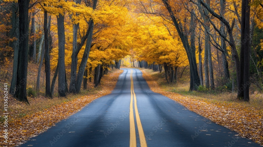 Obraz premium A scenic drive through a tunnel of golden-leaved trees in the fall season