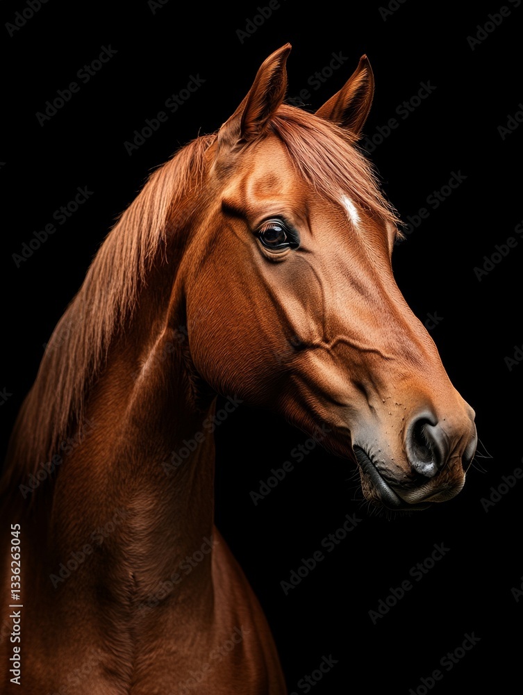 Obraz premium Majestic Chestnut Horse Portrait on Black: A Study in Grace, Power and Beauty. Captivating Equine Close-Up for Animal Lovers and Equestrian Enthusiasts