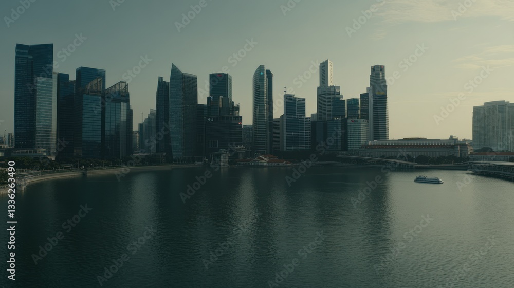 Modern skyscrapers and a body of water fill the landscape Modern skyscrapers and a body of water fill the landscape