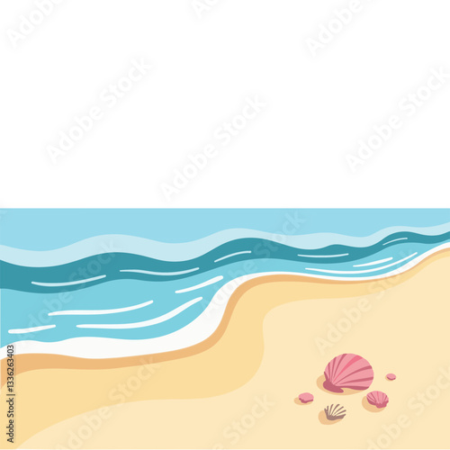 Gentle wave approaching sandy shore with seashells, beach tranquility