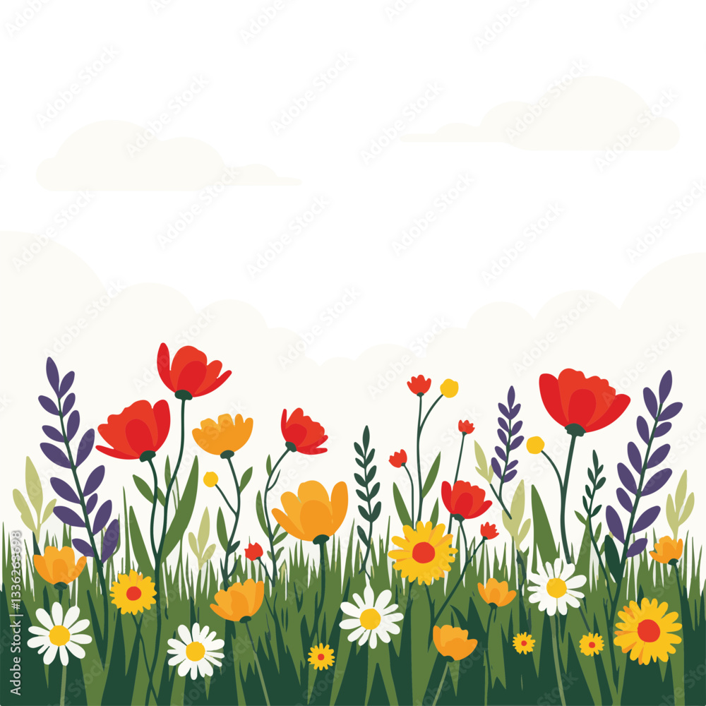 Vibrant wildflowers blooming in serene meadow, spring celebration Vibrant wildflowers blooming in serene meadow, spring celebration
