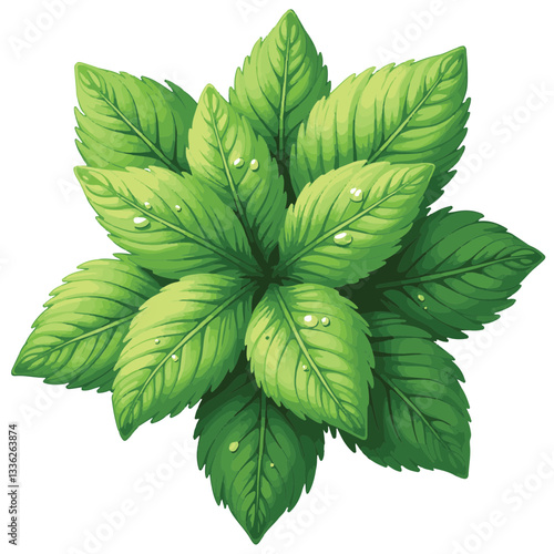 Lush green leaves with water droplets on white background, freshness