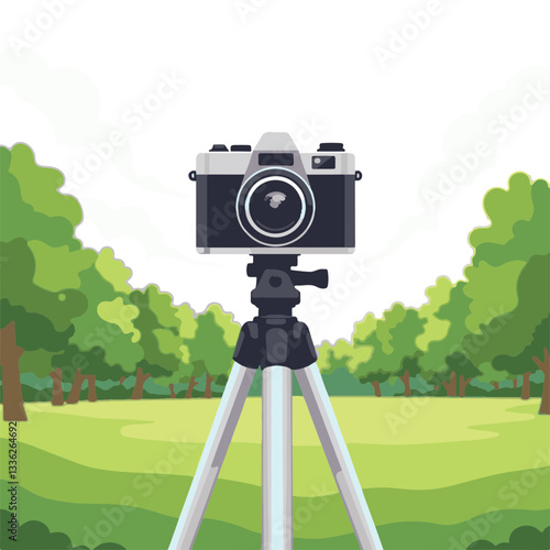 Classic film camera on tripod in serene outdoor park, creative inspiration