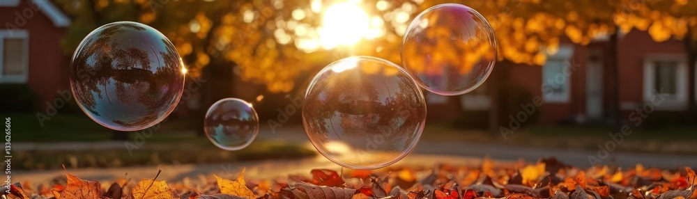 Floating soap bubbles and autumn leaves are illuminated by sunlight