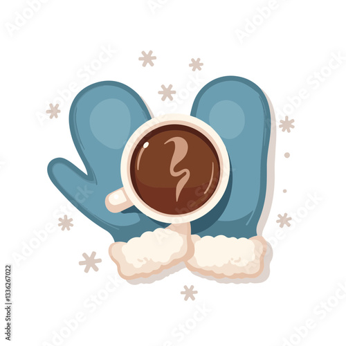 Cozy winter gloves and hot cocoa on white background, warmth symbol