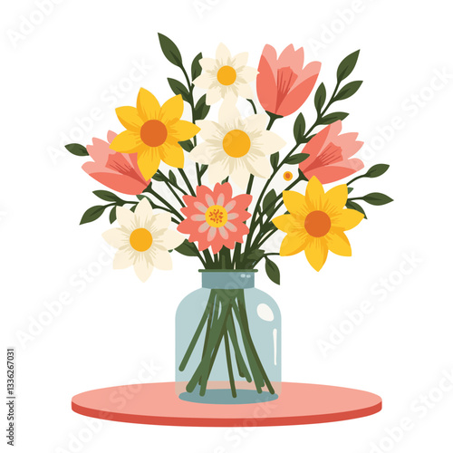 Colorful spring bouquet in glass vase on round table, floral beauty