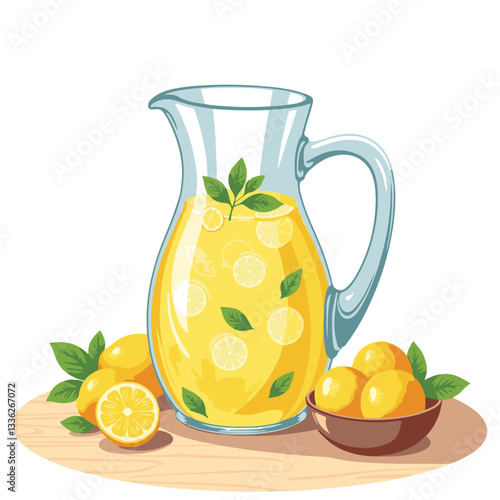 Refreshing lemonade pitcher with mint on wooden table, summer delight