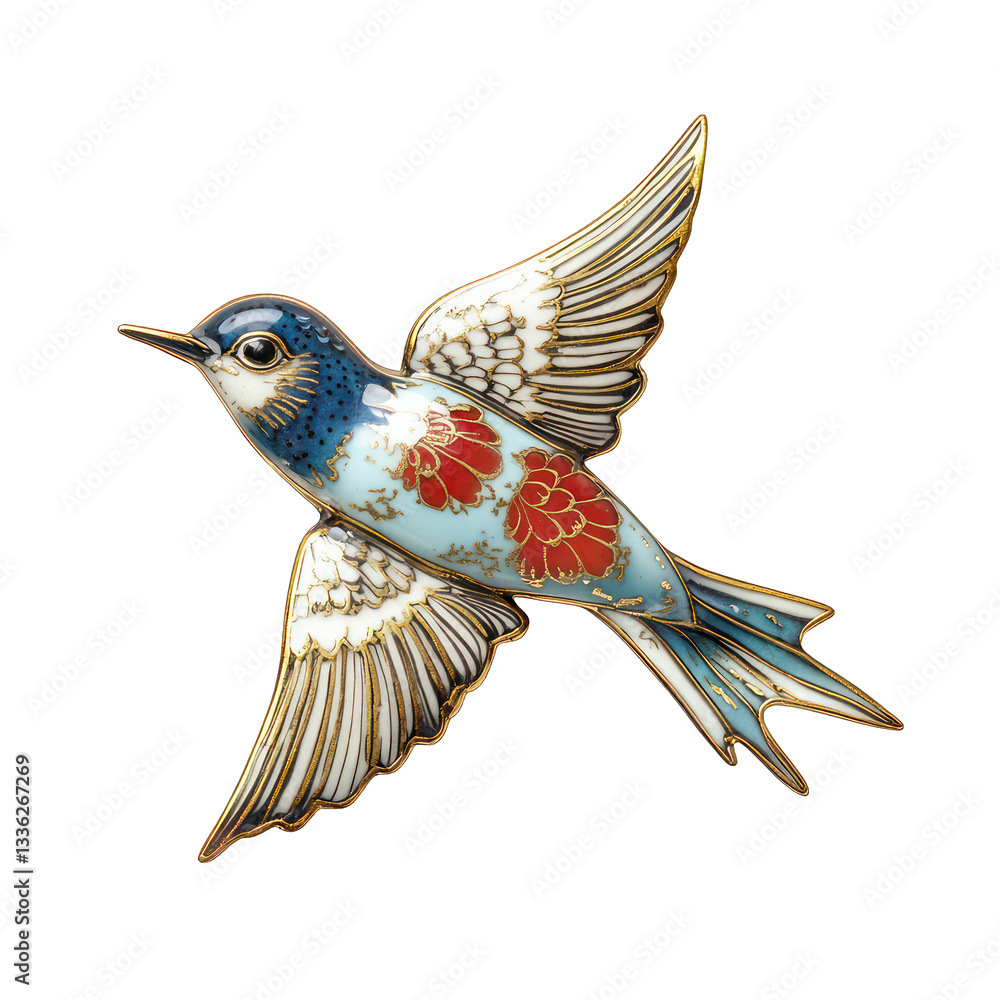 Obraz premium A vintage enamel brooch in the shape of a swallow with delicate hand-painted details isolated on a white background.