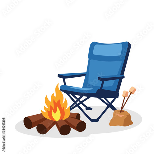 Cozy campfire scene with a blue chair and marshmallows, outdoor vibes