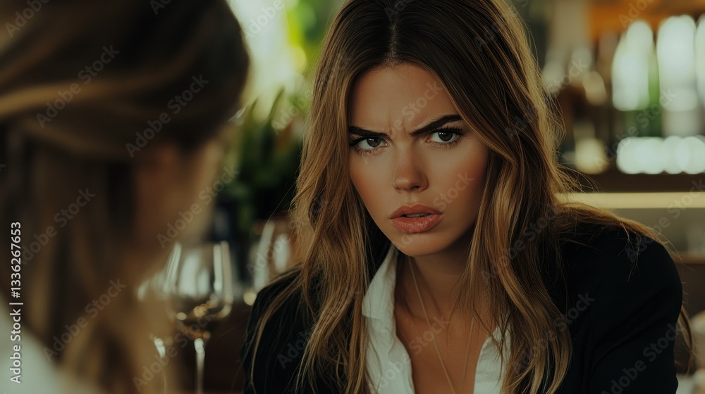 A woman expressing disapproval while facing another person A woman expressing disapproval while facing another person
