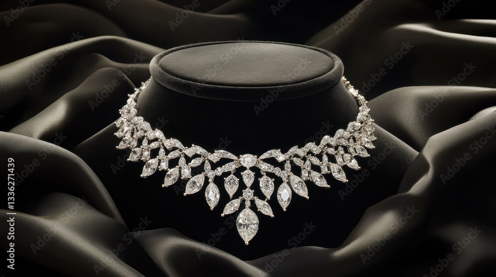 Fototapeta premium Diamond choker necklace placed in a satin-lined jewelry case on a black background
